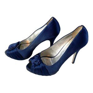 Ron White Women Heels Size 8.5 Blue Satin Peep Toe Bow Elegant Party